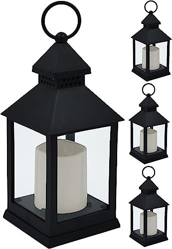 4x LED Laterne mit Kerze Windlicht Flammeneffekt Beleuchtung Outdoor geeignet Timerfunktion Batteriebetrieben Höhe 27cm schwarz
