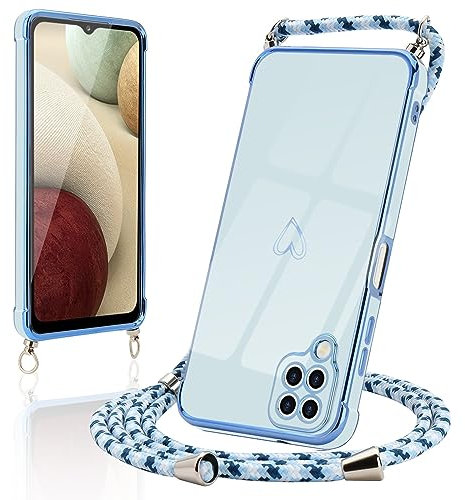 Micoden Handykette kompatibel mit Samsung Galaxy A12,Samsung Galaxy M12 Ultra dünn Kameraschutz Herz Love Design Galvanik TPU Silikon Bumper Kordel zum Umhängen Handyhülle mit Band,Blau