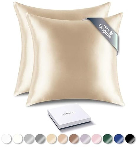 RENESSY Kissenhüllen aus 100% Bio-Seide 40x40 cm (2-Pack) - 22 Momme Maulbeerseide, Güteklasse 6A, Oeko-Tex zert. in Deutschland - Luxus für Haar und Haut (Champagner)