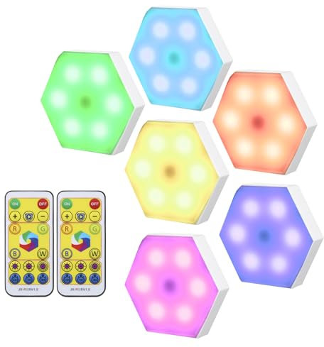 Lixada 6 Stück RGB-Schrankleuchte, LED-Farbwechsel, sechseckig, DIY Wandleuchte, Touch Schalter, Fernbedienung, Dimmbar mit Timing, Unterschrankbeleuchtung, Aufklebbare Nachtlichter