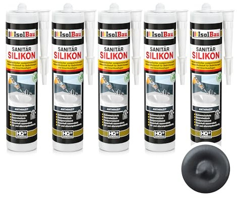 Isolbau Sanitär Silikon 5 x 300 ml Anthrazit - Hochelastischer Silikon-Dichtstoff für Abdichtungen & Fugen - wasserdicht - Kartusche