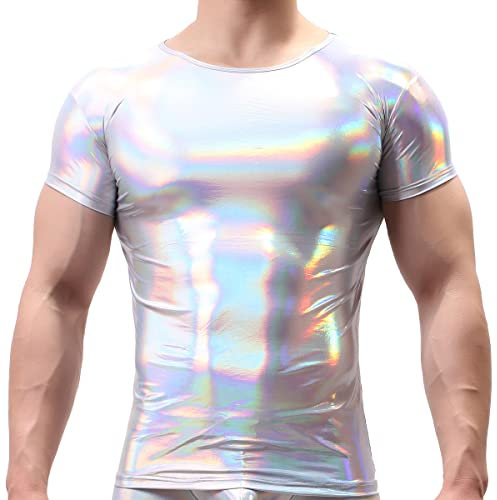 IBTOM CASTLE Herren Metallic Oberteil Glänzend T-Shirt Kurzarm Hemd Metallic Silber Hemd Muskelshirt Roundhals Tanz Disco-Nachtclub 70er 80er Disco Silber M