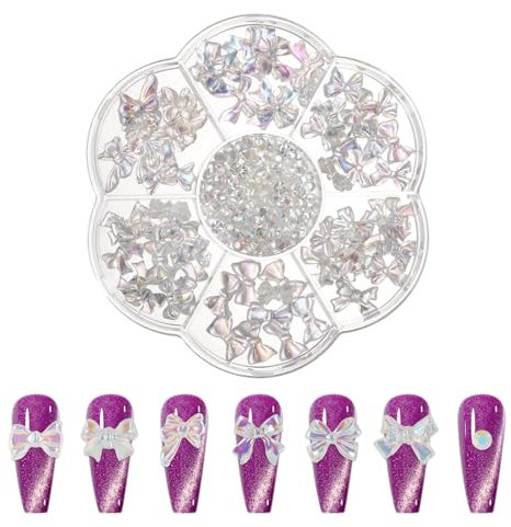 140pcs Aurora Bow Nail Charms & Rhinestones, 3D Nail Bows Colorful Nail Charms for Acrylic Nails Resin Bowknot Nail Charms DIY Nail Accessories for Women Girls Nail Crafts Art