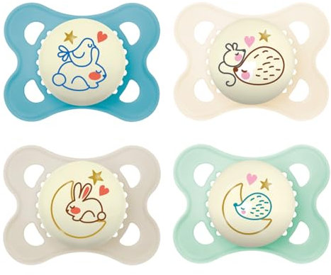 MAM Original Night Silikon Schnuller im 4er-Set, 0-6 Monate, leuchtend im Dunkeln, zahnfreundlich, inkl. 2 Sterilisiertransportboxen