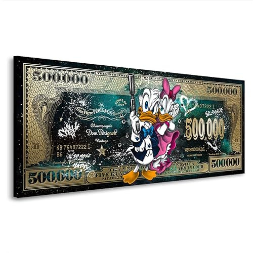 Kunstgestalten24 Leinwandbild Pop Art Dollar mit Donald & Daisy – Streetart Wandbild 500000$ Schein – Urban Art Deko für Wohnzimmer Büro Jugendzimmer – Selfmade Design 75x30x2cm