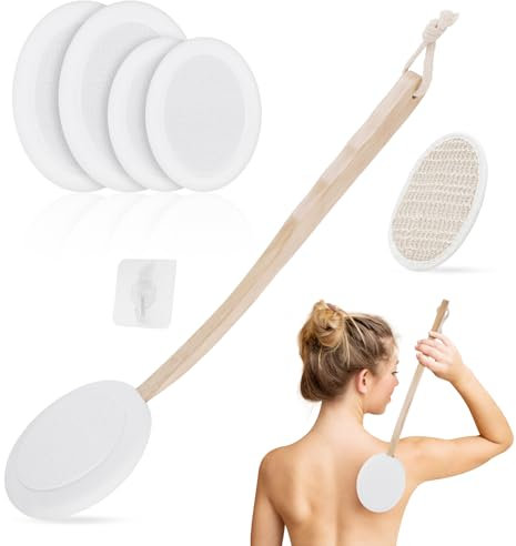 LOPHE Applicatore Spalma Crema Schiena, Applicatore Lozione con 4 Teste di Ricambio, Applicatore di Lozione Solare, Spazzola per Doccia Pulizia Schiena Lunga（Bianco）