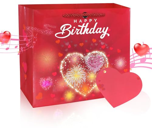 DTESL Lichter Feuerwerk Musik Geschenktüte Geburtstag Musik Geschenktüte mit Karte Happy Birthday Geschenktüte für Frau, Ehemänner, Männer und Frauen (Geburtstagsgeschenkbeutel-M)