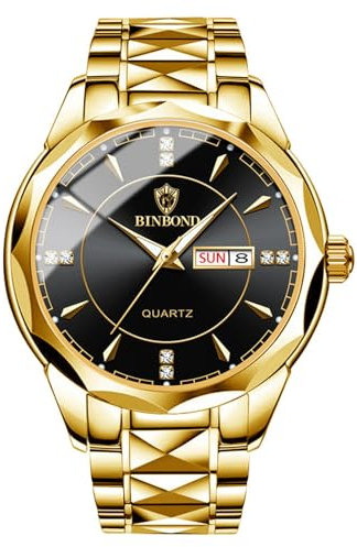 JewelryWe Herrenuhr Edelstahl Uhren Herren: 30m Wasserdicht Kalender Analog Quarz Armbanduhr Männer Gold Edelstahl Armband Lässig Business Uhr mit Schwarz Zifferblatt und Gold Leuchtzeiger
