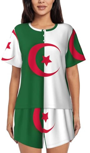 YQxwJL Pyjama pour femme - Doux - Deux pièces - Drapeau de l'Algérie - Col rond - Haut et short, Noir, L