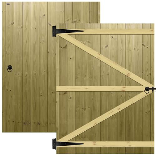 Flat Top Wooden Garden Gate 6x4.5ft - Tongue & Groove Semi-Braced Treated Timber Door + Ring Latch Hinge Pack, H:6ft x W:4.5ft Ideal for Outdoor Pathway Home Access (High: 180cm x Wide: 135cm)