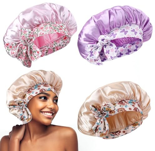 Piriuuo 3 Pcs Large Silk Bonnets with Tie Band, Women Satin Bonnet Soft Elastic Bow Tie Hair Bonnet Adjustable Silk Bonnet Hair Bonnet for Curly Natural Hair Sleep Cap Shower Cap, 3 Colors