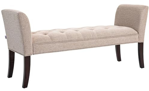 HOMCOM Bettkastenbank mit Knopfdesign, gepolsterte Bank aus Leinenstoff und Holz, 141x44x65 cm, Beige