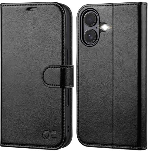 OCASE for iPhone 16 Case, PU Leather Wallet, Magnetic Flip Folio Cover with RFID Blocking, Card Holders, Shockproof TPU, and Kickstand for 6.1 Inch iPhone 16 (2024), Black