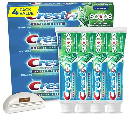 Dental Care Set: Crst Complete Scope 4-Pack + LUXPAKS Squeezer | Crst Complete, Scope, Whitening Toothpaste, 5.5 oz, 4-Pack, Mint, Oral Care, LUXPAKS Squeezer
