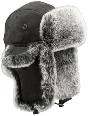 Pyrafox Fliegermütze Wintermütze mit Ohrenklappen Herren, Trappermütze Russen Fellmütze für Männer, Russische Trapper Pelzmütze Haube Uschanka Schapka Russenmütze Warme, XL XXL Schwarz