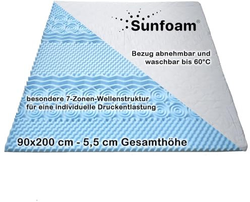 Sunfoam Topper 90x200 cm 7-Zonen-Wellenstruktur | individuelle Druckentlastung | Bezug waschbar bis 60 Grad | Oeko-TEX® 100