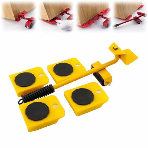 Furniture Lift Mover Tool Set,Furniture Movers with Wheels,Heavy Duty Furniture Lifter and Sliders Kit,4 Wheels Transport Shifter,Appliance Rollers,Adjustable Height Lifting Tool Lever (Yellow)