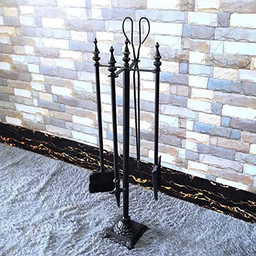 Juego de 5 herramientas para chimenea de hierro forjado, acabado negro/dorado, incluye pinzas de soporte, cepillo de pala y atizador para interiores y exteriores, accesorios para chimenea