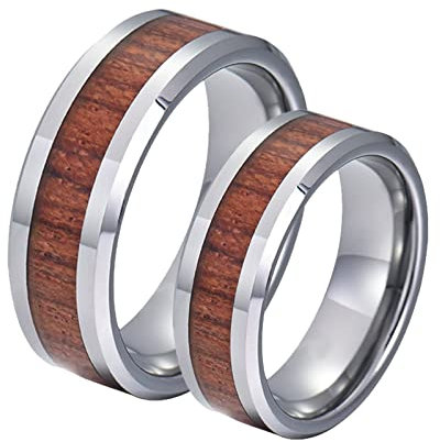 Hoisy Eheringe Damen, Verlobungsringe für Sie und Ihn 8MM Silberner Holzring mit Abgeschrägter Kante Größe Frauen 52 (16.6) und Männer 62 (19.7)