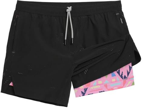 MaaMgic 2 in 1 Laufhose Herren Kurz mit Handytasche Schnell Trocknend 5 Laufshorts mit Innenhose 4 Way Stretch Gym Shorts Sporthose für Running Fitness Workout Athletic,Schwarz Rosa,L