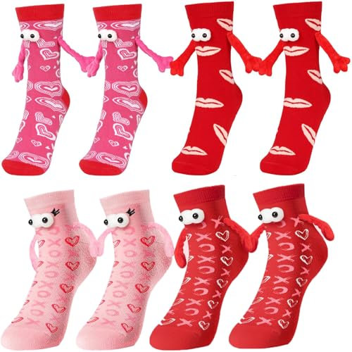 Magnetische Socken, 4 Pairs Lustige Unisex Socken mit Armen, Magnet Freundschaftssocken für Paare, 3D Puppen-Design, Geschenk für Freunde und Liebende