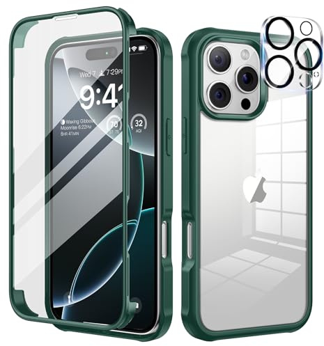 seacosmo for iPhone 16 Pro Case with Tempered Glass Screen Protector, Green | Full Body Shockproof Protection Armour Cover, Camera Lens Protector, Slim Fit Bumper Dual Layer Protective Rugged Phone Case