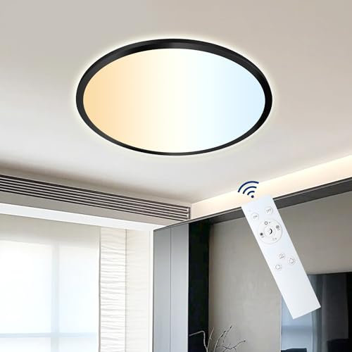 ONDTA LED Deckenleuchte Dimmbar 22W, 2800LM 2700K-6500K Küchenlampe Deckenlampe mit Fernbedienung, IP44 Badezimmer lampe LED Panel für Kinderzimmer Wohnzimmer Schlafzimmer Flur, Schwarz, Rund-Ø42cm