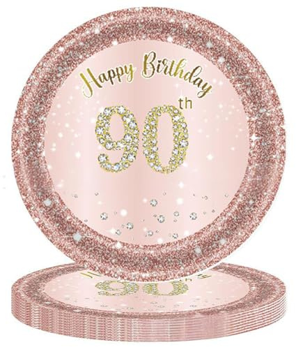 16Pcs Plates and 20Pcs Napkins Happy 90th Birthday Decorations Women Tableware Rose Gold Birthday Party Supplies