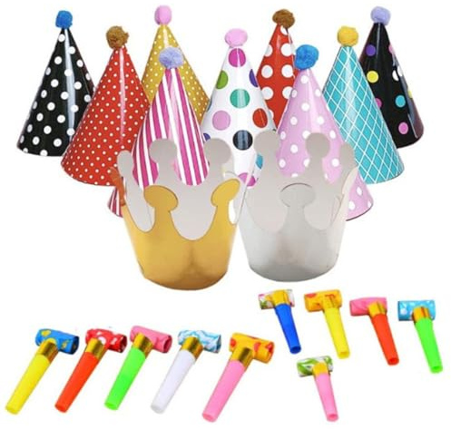 TSUOUKL21 Stücke Partyhüte Set Geburtstagshüte Lufttröte Pfeife Partyhütchen Geburtstag Kegel Hüte Party Supplies Hütchen Geburtstagshut für Kinder Festival Baby Shower