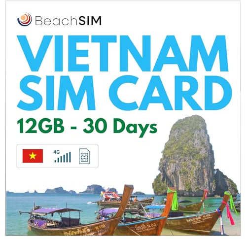 BeachSIM Vietnam SIM-Karte. 12 GB Daten bei 4G/5G-Geschwindigkeiten. Nur Daten SIM. Freies Roaming in Indonesien, Hongkong, Macao, Sri Lanka und Singapur. Gültig für 30 Tage.