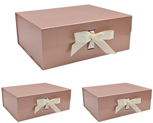 Tekhoho 3er Pack Roségold Große Geschenkbox 33.5x27x12.5cm, Premium Geschenkbox mit Magnetdeckel und Schleife für Feiertage Hochzeit Geburtstag Geschenkverpackungen, kariertes Innenfutter