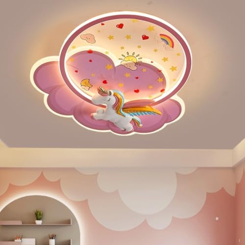 WJLL LED Deckenleuchte Modernes Kinderzimmer Lampe Cartoon Rosa Einhorn Deckenlampe für Kinder 72W Dimmbar mit Fernbedienung Kronleuchter Schlafzimmer Babyzimmer Arbeitszimmer Beleuchtung Licht B