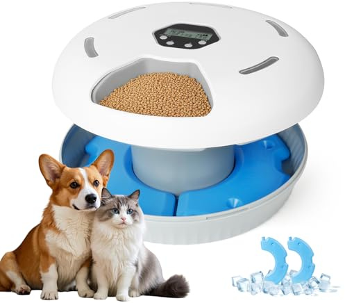 Automatic Cat Food Feeder Wet & Dry Wet Food Refrigerated, 6 Meal Timed Pet Dispenser, Automatic Pet Feeder with Digital Timer and Twin Ice Packs, for Cats/Small Dogs