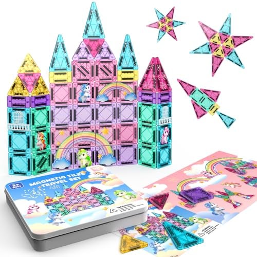 ACELIFE Magnetische Bausteine 60 Teile, Einhorn Magnetspielzeug | Montessori Reiseset Spielzeug Tragbare STEM Bausteine, Mini Magnetische Fliesen für Jungen & Mädchen 3 4 5 6 7 8 Jahren