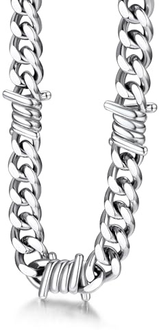 Bestyle Mens Chain Necklace, Cuban Link Stainless Steel Barbed Wire Necklaces for Men, Thorns Choker for Women