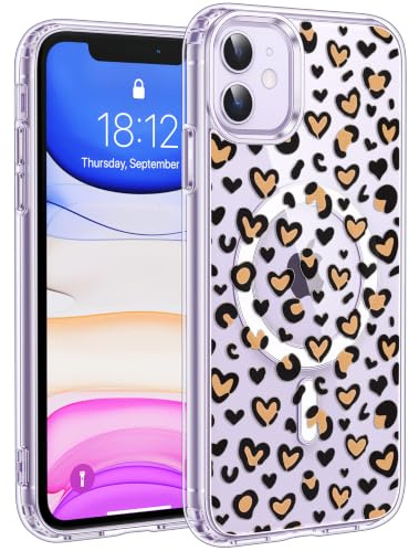 Jkvare for iPhone 11 Case, Crystal Clear Aesthetic Pattern Wireless Magnetic Protective Phone Cover for Women Girls - Leopard Hearts