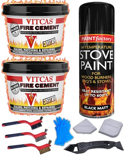 Decorator's Friend Black Fire Cement & Stove Paint Colour Match Repair Kit | Seal & repaint wood burning stoves, log burners, flues & fireplaces. 1250°C cement, 600°C paint. With brushes, tools & gloves
