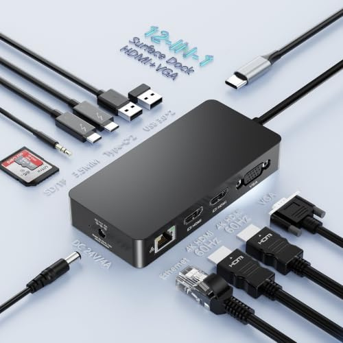 Microsoft Surface Thunderbolt 4 Dock 12en1 Surface Pro Docking Station Triple Pantalla Microsoft Surface Dock con 2 HDMI 4K +VGA para Surface Pro 11/10/9/8/X/7+/7,Laptop 7/6/5/4/3,Studio 2/1,Book 3/2