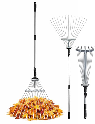 Keplin Garden Rake with Telescopic Handle – 80 to160cm Adjustable Rake, 15 Tine Expanding Metal Rake for Leaves, Lawn, Yard & Soil Cleanup, Foldable Space-Saving Design, Versatile Garden Tool