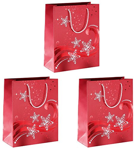 SIGEL GT107 große Premium Papier-Geschenktüten 33 x 26 cm | 3er Set | mit Rot- und Weißprägung | für Weihnachten | Wave