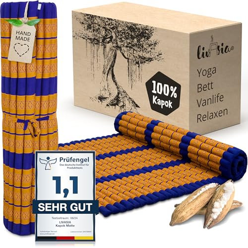 livasia Rollmatte XXL breit Doppelbett - 200x145x4,5cm - Gästebett Gästematratze 2 Personen mit Muster, Reisebett für Kofferraum und outdoor, Thaimatte Kapok Garten und Balkon (Blau/Gelb)