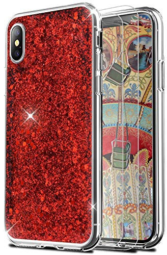 Feyten Cover iPhone XS/iPhone X con Vetro Temperato [2 Pack], Lucciante Brillantini Design TPU Gel Silicone Protettivo Cover Custodia per Apple iPhone XS/iPhone X 5,8 (Rosso)