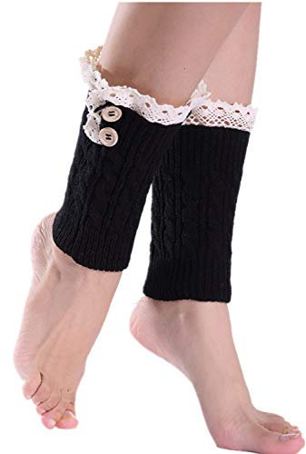 Berax Damen Stulpen Beinwärmer Stulpen Stiefel Legwarmers Warm Grobstrick Stulpen Tasten Dekor mit Spitze(Schwarz)