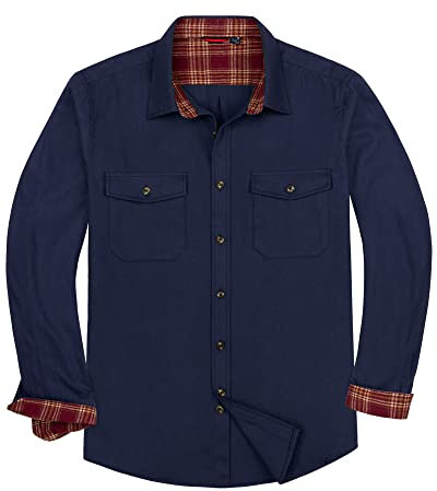 Siliteelon Men's Navy Blue & Red Plaid Flannel Shirt, Regular Fit, Long Sleeve, Button Down, Casual, Multiple Occasions