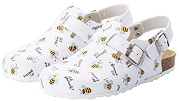 CLINIC DRESS Clog - Damen und Herren Clogs bunt weiß Motiv Biene. Unisex Schuhe für Krankenschwestern, Ärzte und Pflegekräfte. Bis Größe 46 weiß/gelb/schwarz, Bienen 36