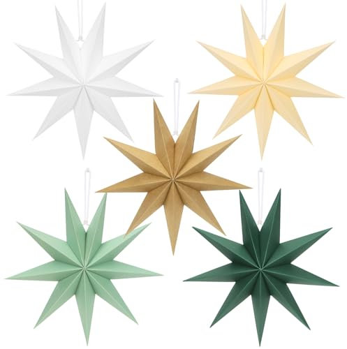 5 Pièces étoiles Pliantes de Noël Beige Vert Sauge, étoiles en Papier Marron 30cm Suspendre, 9 Branches étoiles en Papier Blanc Vert foncé, décoration de Table pour Noël l'Avent Mariage Anniversaire