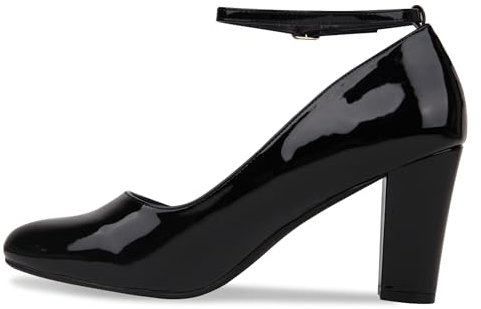 Bismaa Womens Unisex Buckle Ankle Strap Mid Block Heel Shoes Plus Size 9 10 11 12 (Black Patent, Numeric_9)