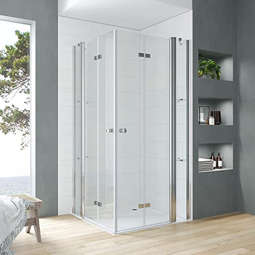 Duschkabine 140x90 cm Eckeinstieg Falttüren an Festteilen Eckdusche mit Duschtür Doppeltür Pendeltür Drehfalttür rahmenlose Eckduschwand Glas mit Eckablage Eckregale für Badewanne Bodengleiche Dusche
