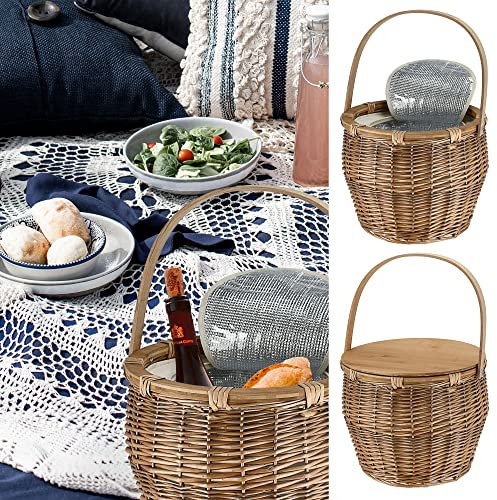 Picknickkorb mit Kühlfach│Picknicktisch Funktion │ Rattan 38x34cm Isoliertasche Holzdeckel │ Flechtkorb Picknick Henkelkorb