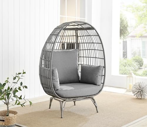 Furniturebox UK Grey Rattan Garden Egg Chair in PE Resin Rattan for Outdoors and 15cm Luxuriously Thick Cushions - Perfect Cosy Seat for One